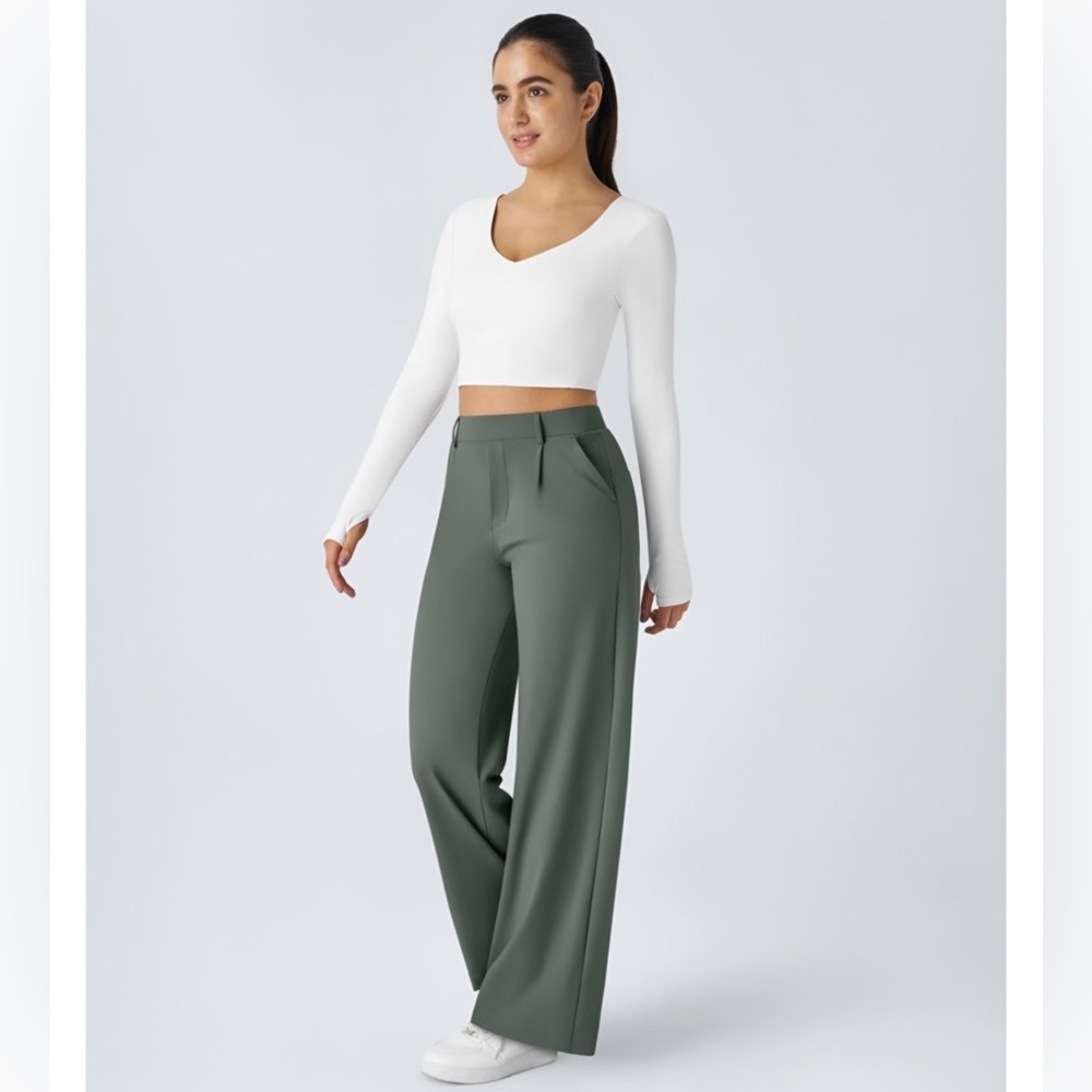 Daystretch High Waisted Pocket Straight Leg Work Pants Size M Petite Green - Picture 5 of 5